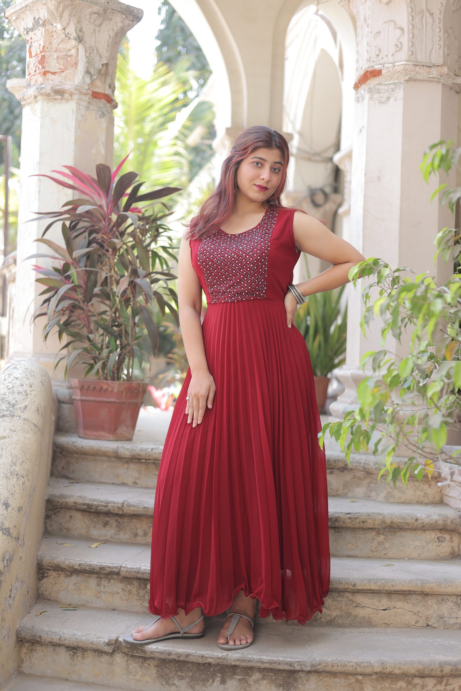Maroon Partywear One Piece with hand Work Yoke
