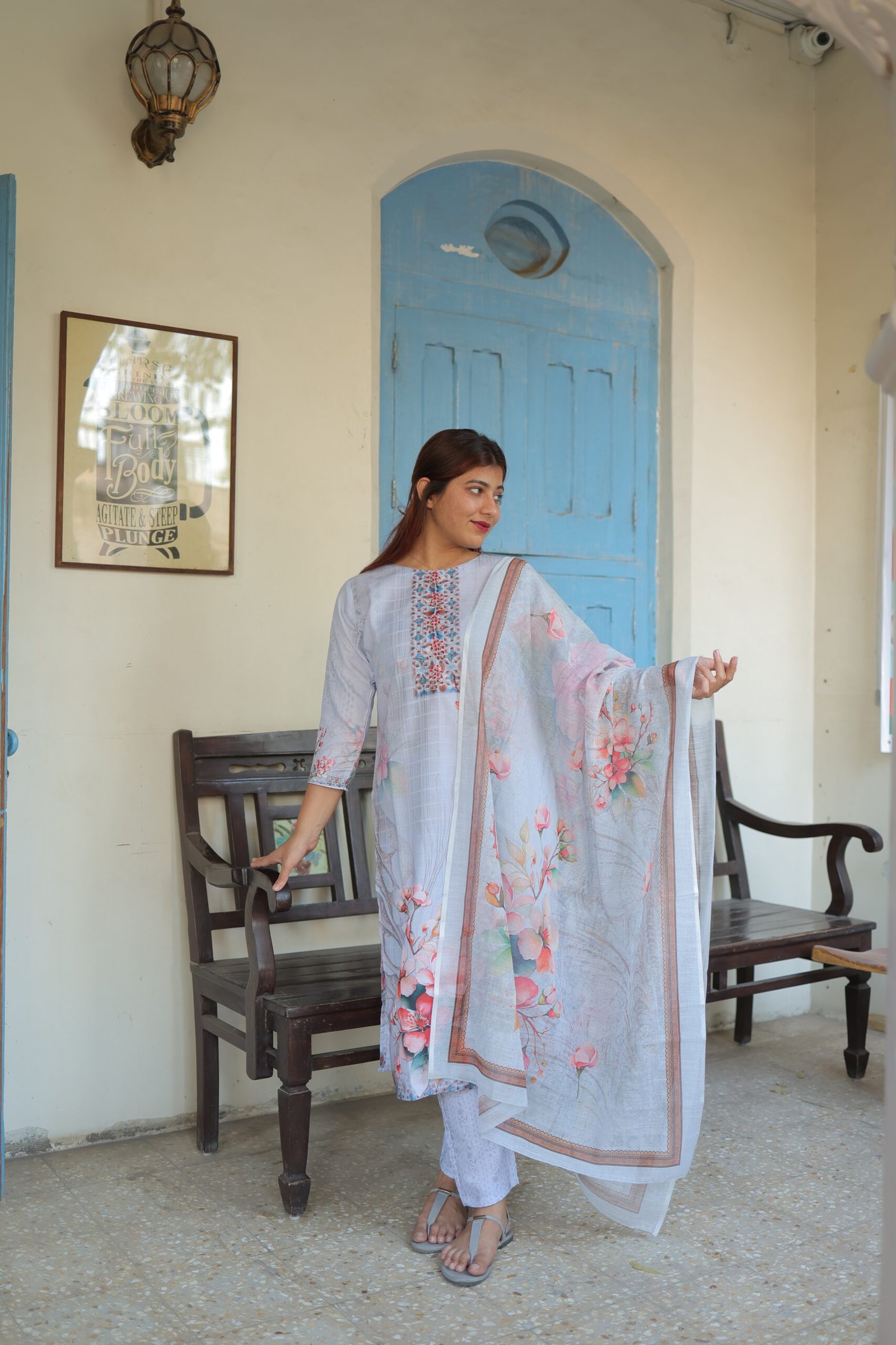 Light Grey Pant Set with Flower Print