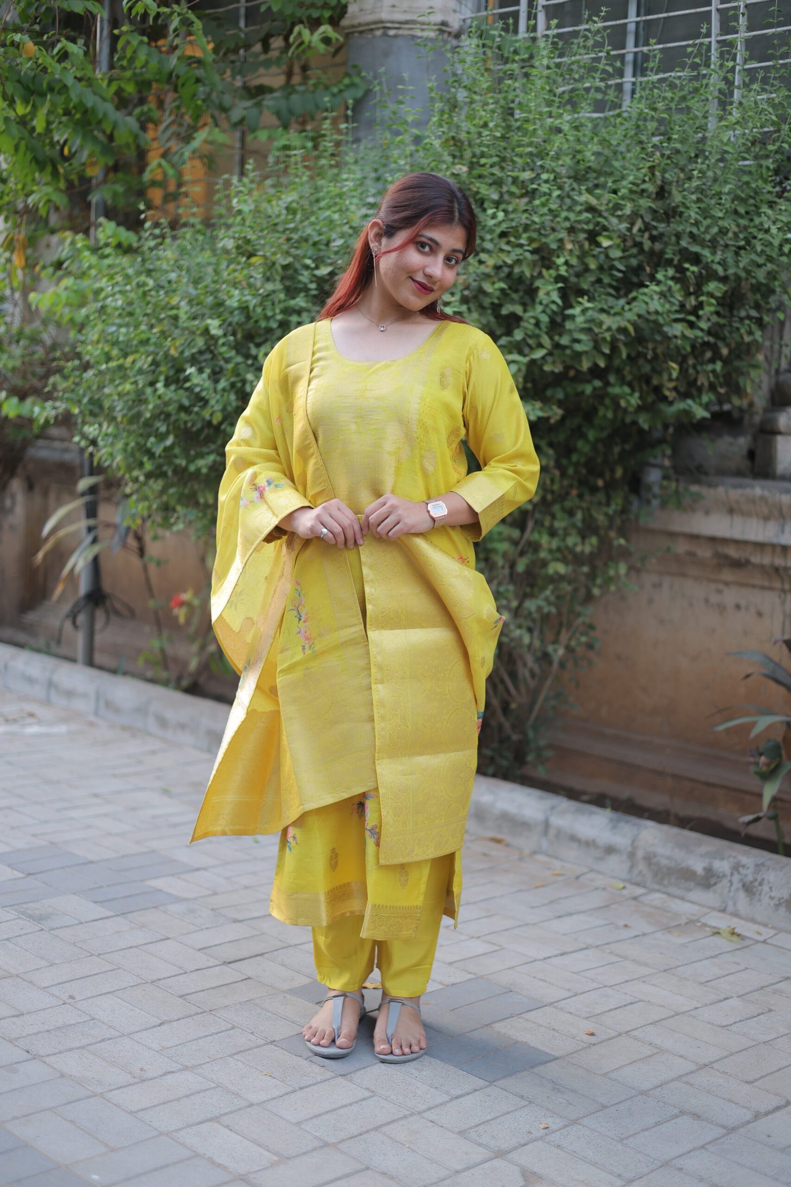 Yellow Designer Shimmer Pant Set