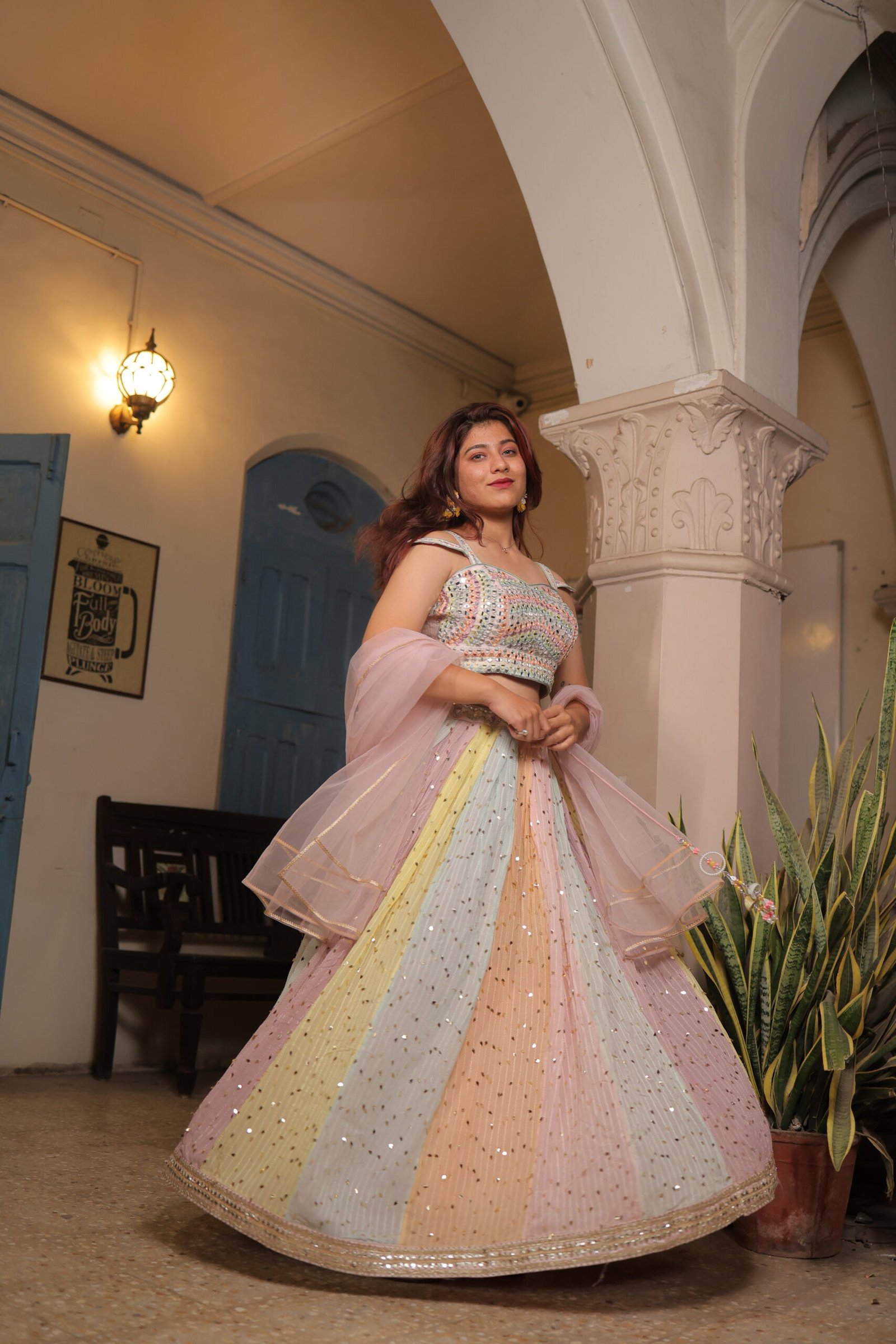 Peach Rainbow Indowestern Choli with Skirt