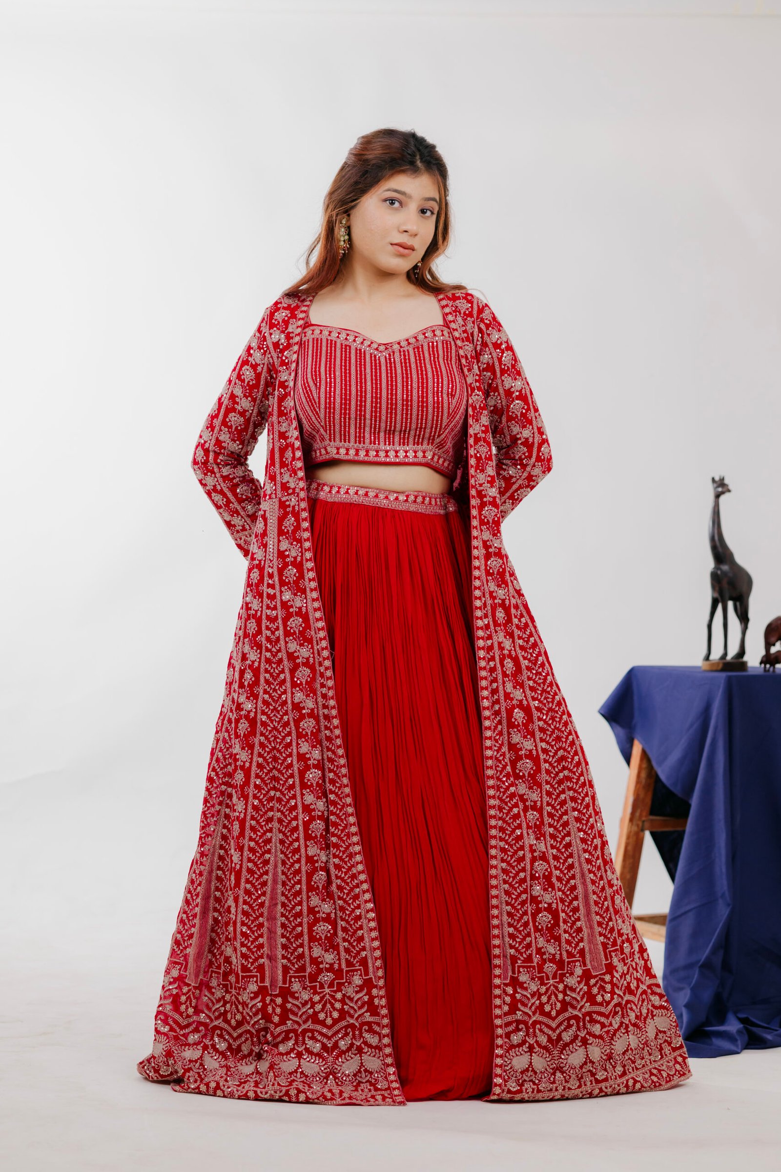 Red Indowestern Choli with Long Outer Shrug