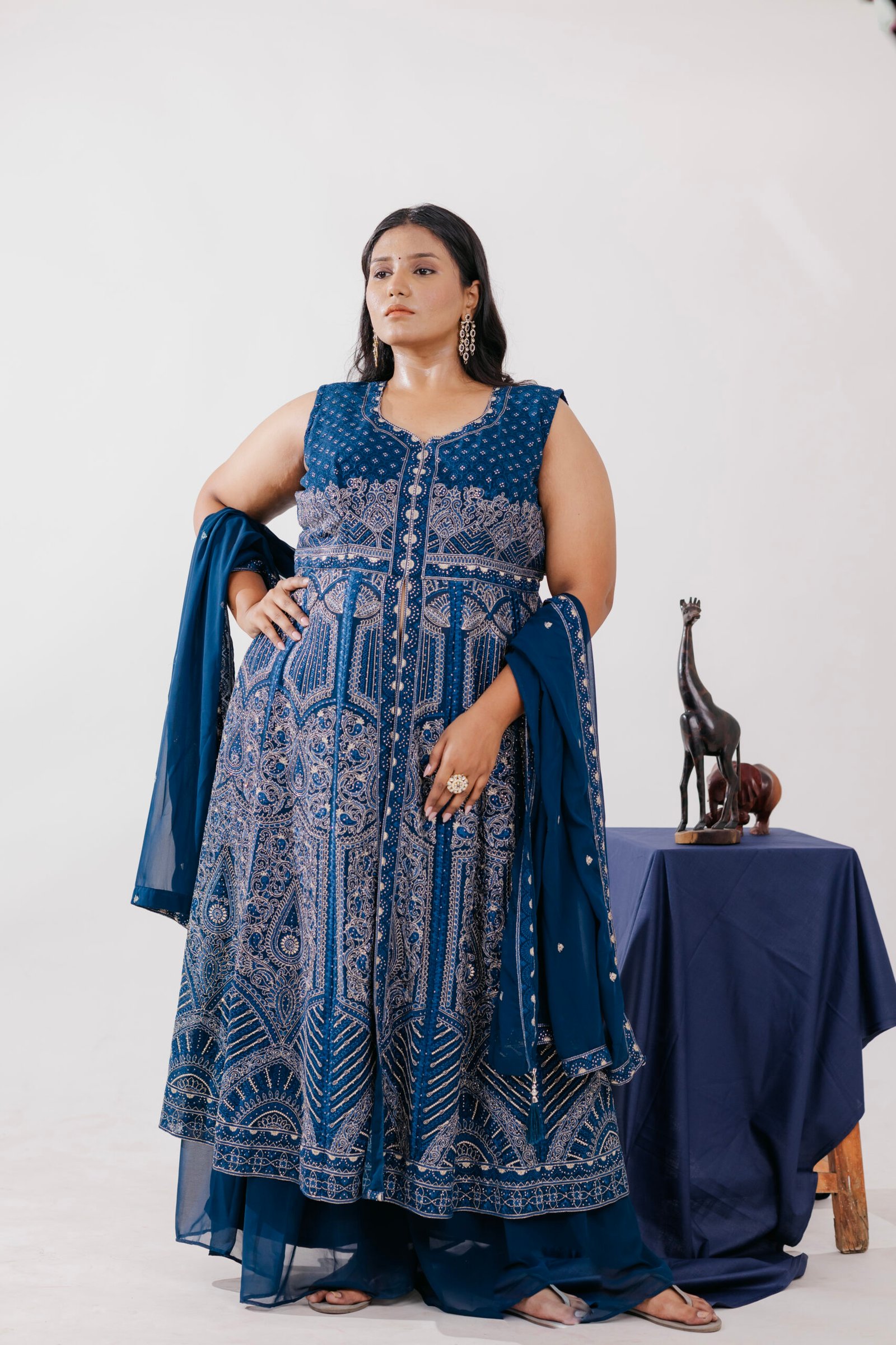 Blue Long Centercut Indowestern with Plazo