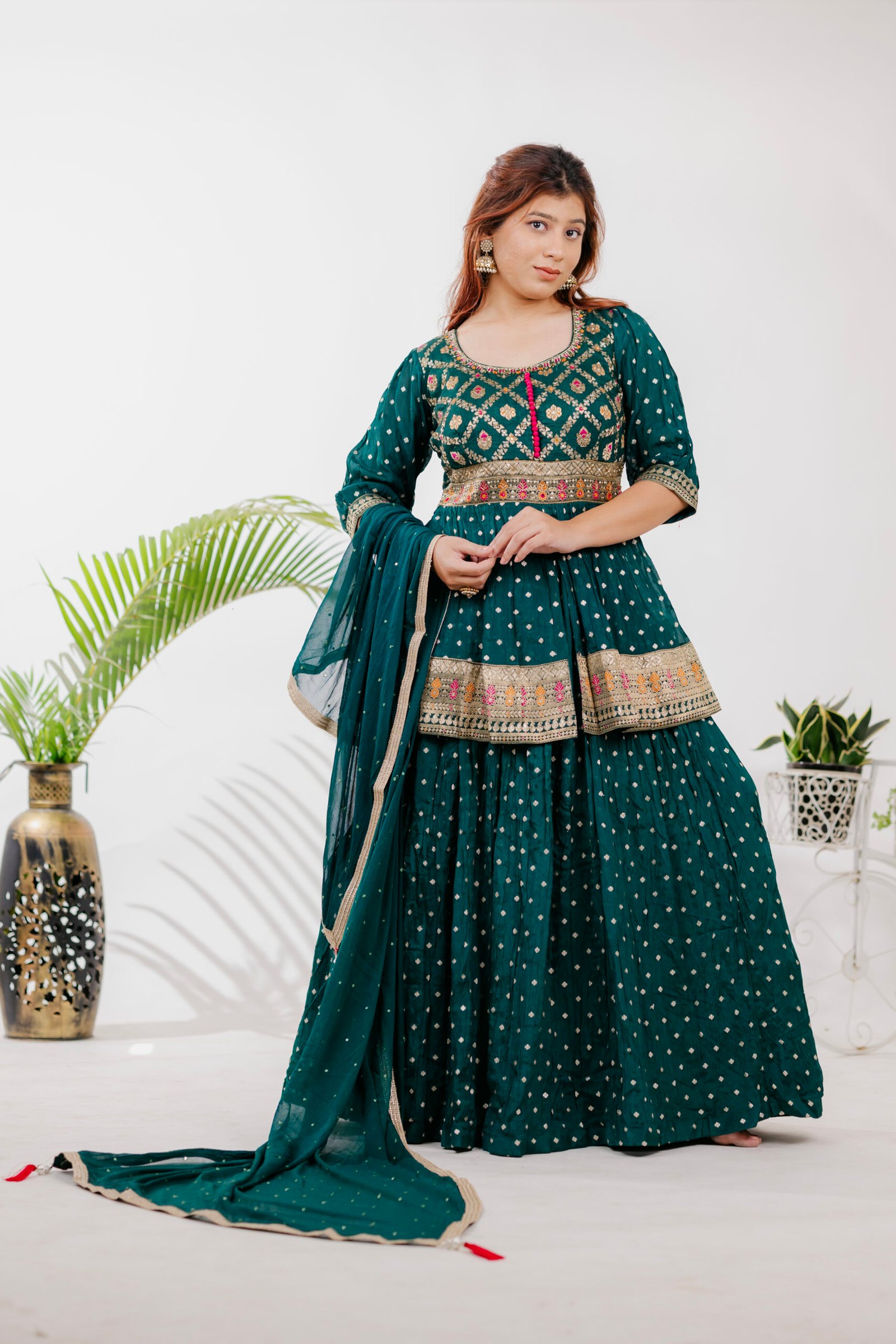 Bottle Green Indowestern Tunic with Skirt