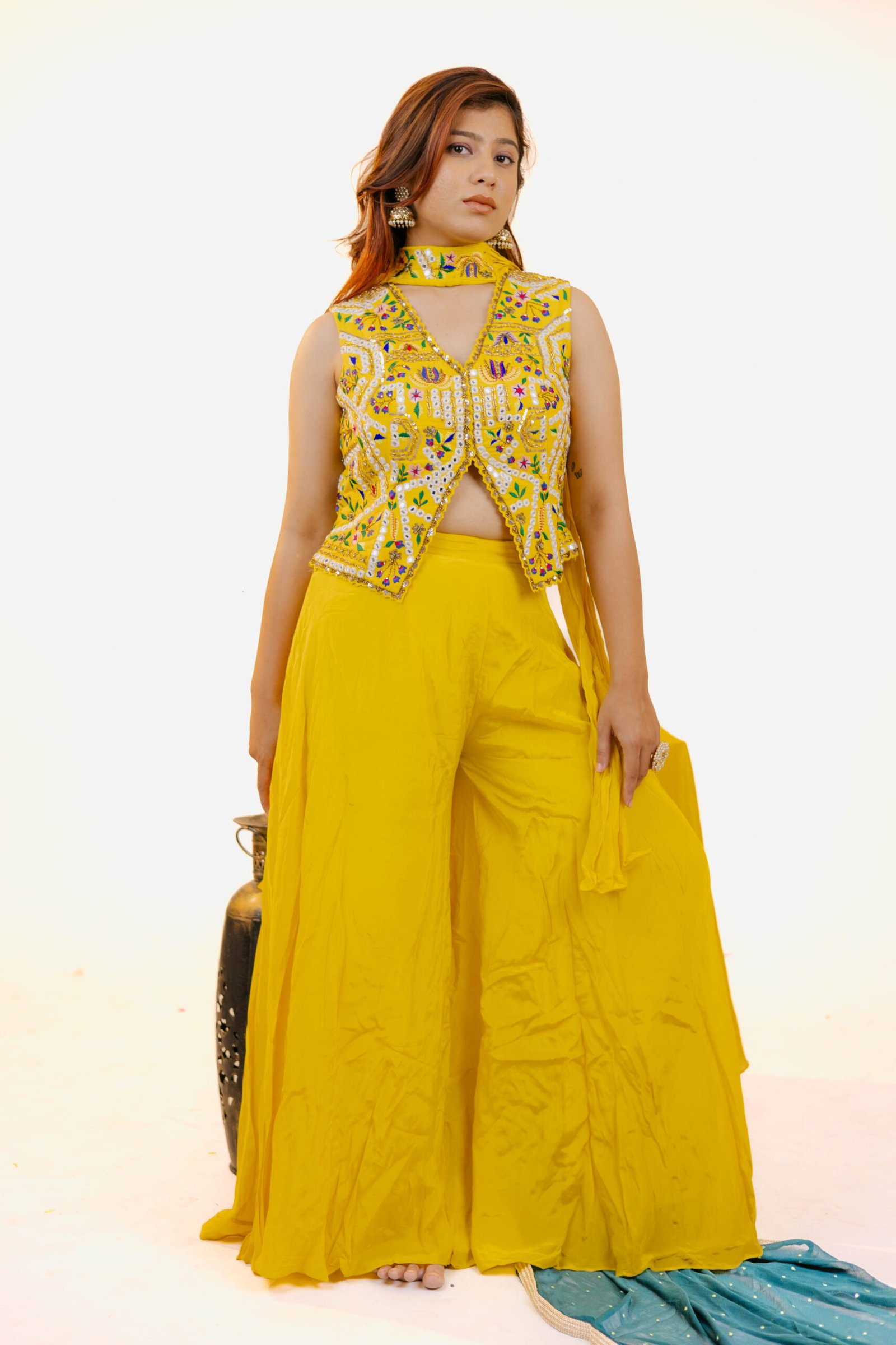 Yellow Crap Top Plazo with Stall Dupatta