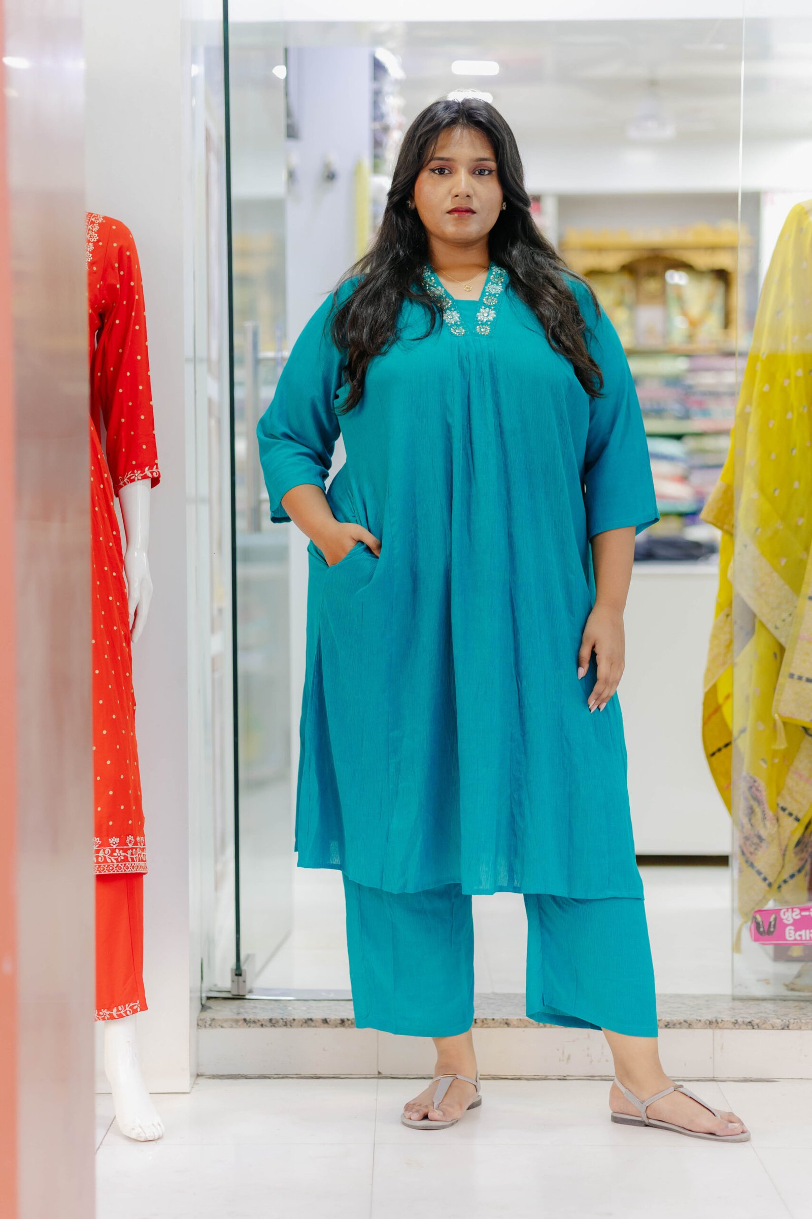 Ocean Blue Long Cord Set with Beautiful Yoke