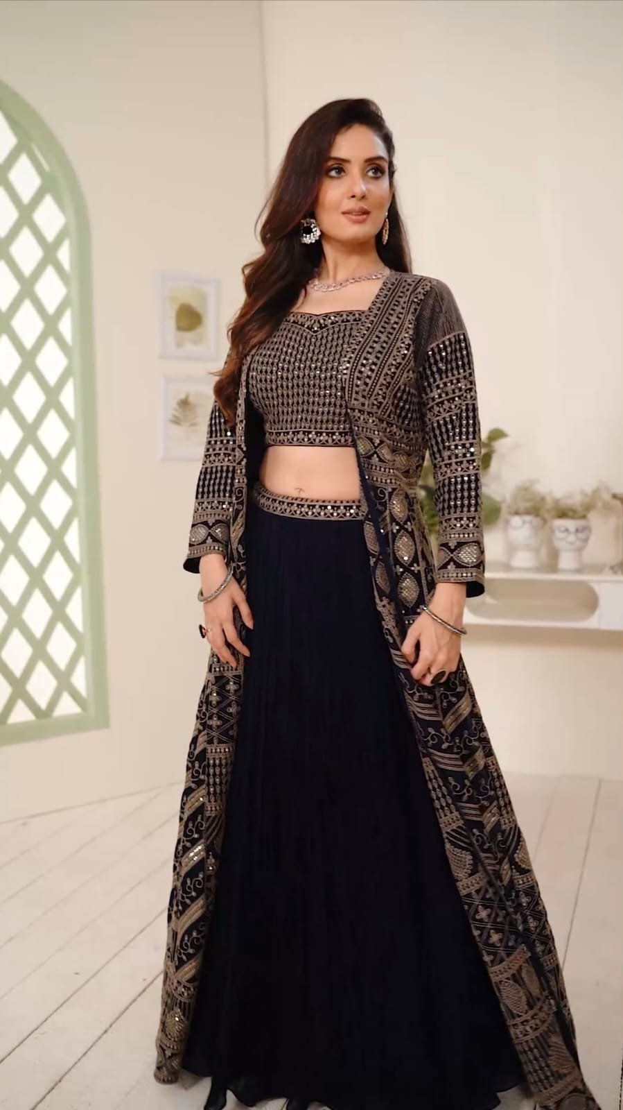 Navy Blue Indowestern Choli with Long Outer Shrug
