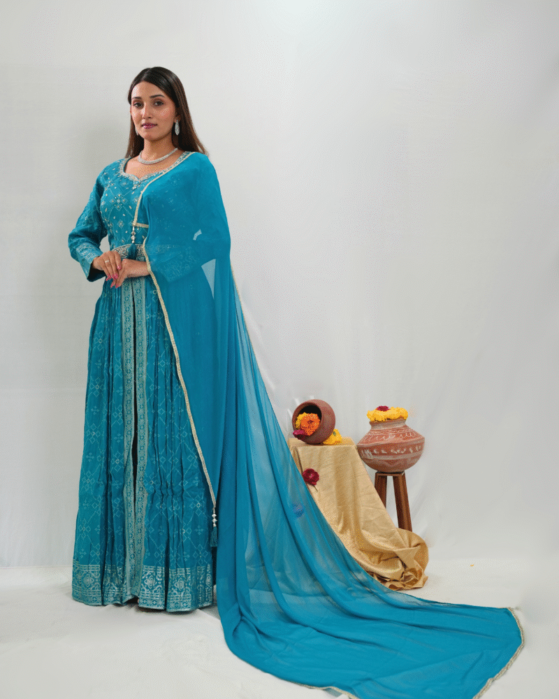 Ocean Blue Long Center cut Indowestern