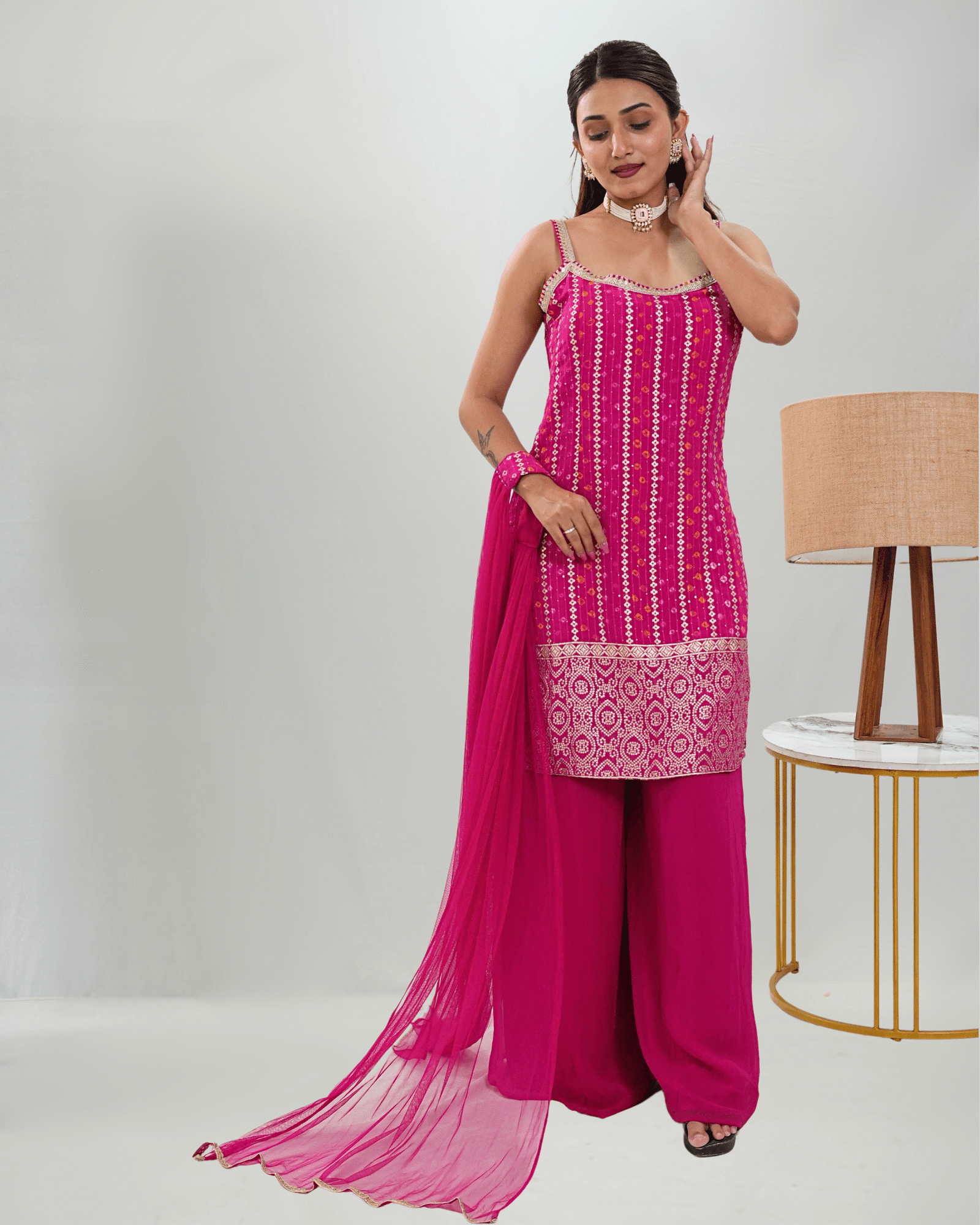 Rani Pink Spaghetti Plazo Set with Stall Dupatta