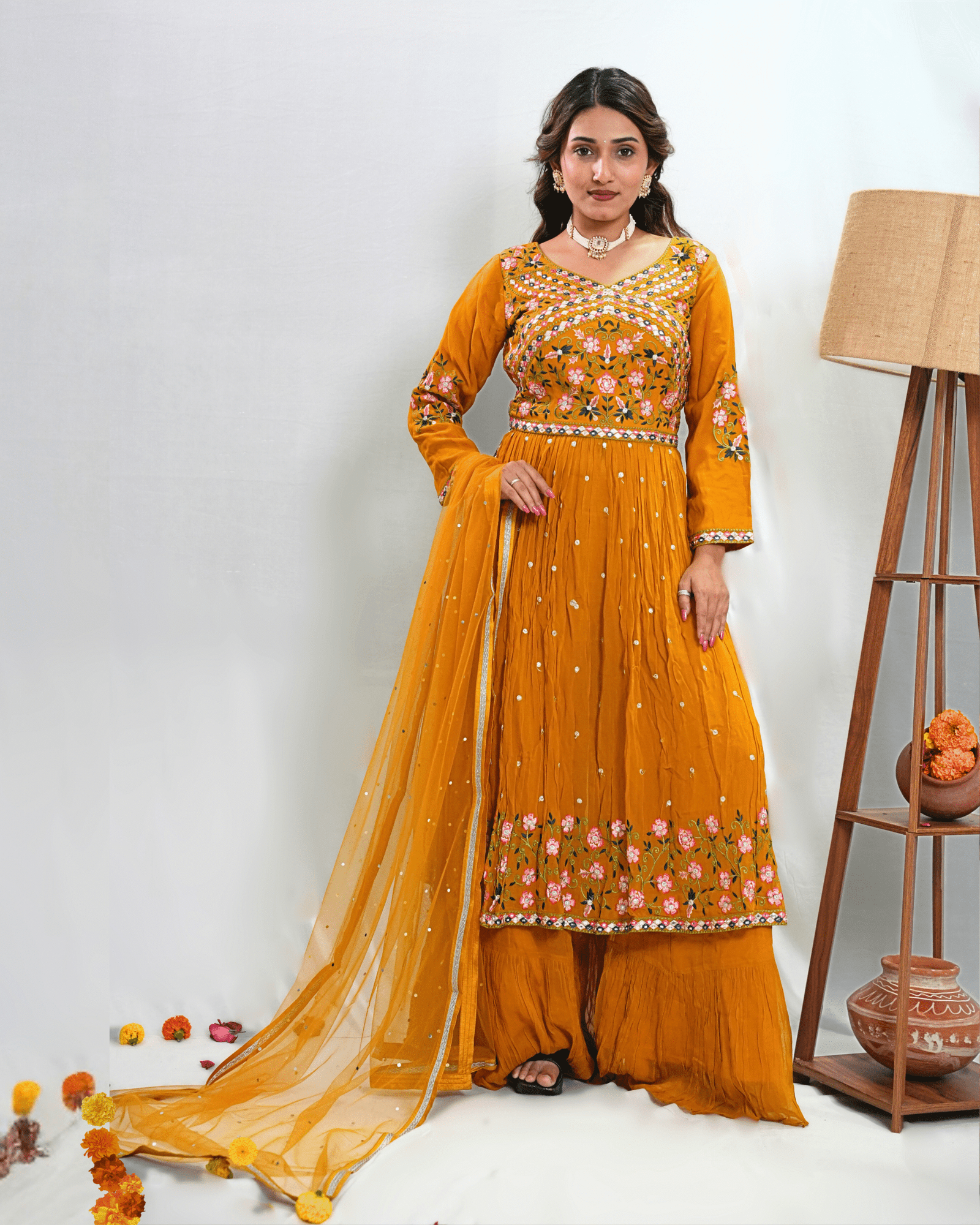 Mustard Slit cut Indo western with Plazo
