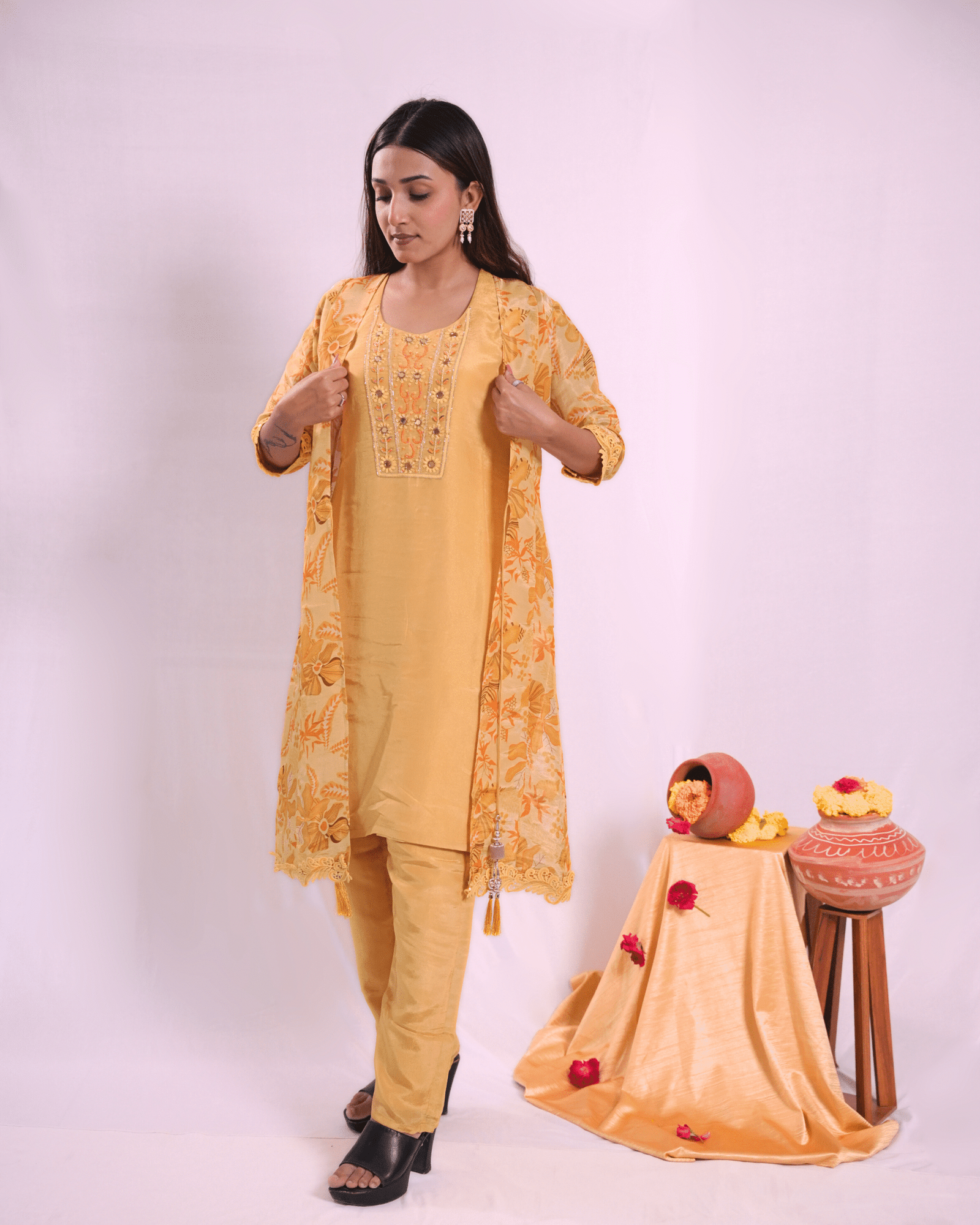 Yellow Designer Top Pant with Outer