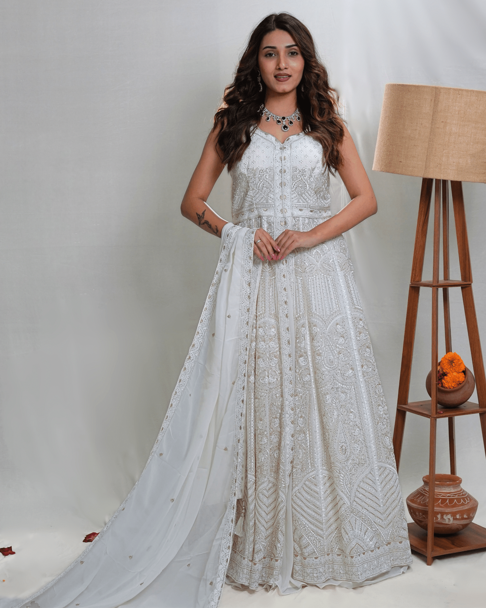 White Long Centercut Indowestern with Plazo