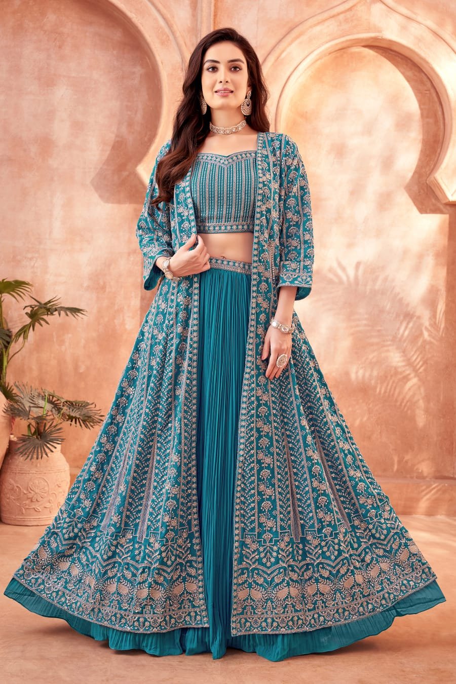 Rama Blue Indowestern Choli with Long Outer Shrug