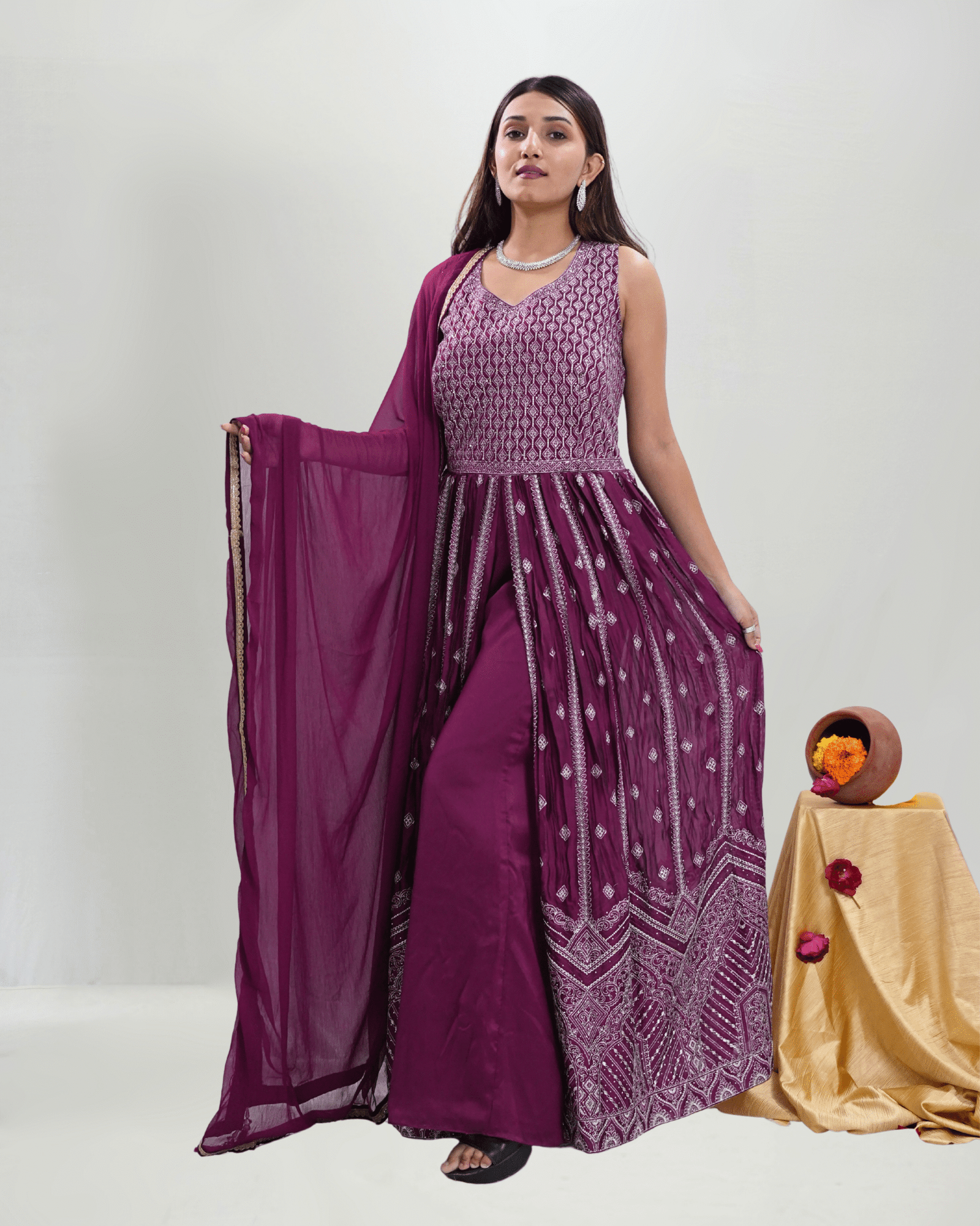 Violet Center cut Indo western with Plazo