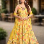 Beautiful Yellow Anarkali With Mirror Yoke