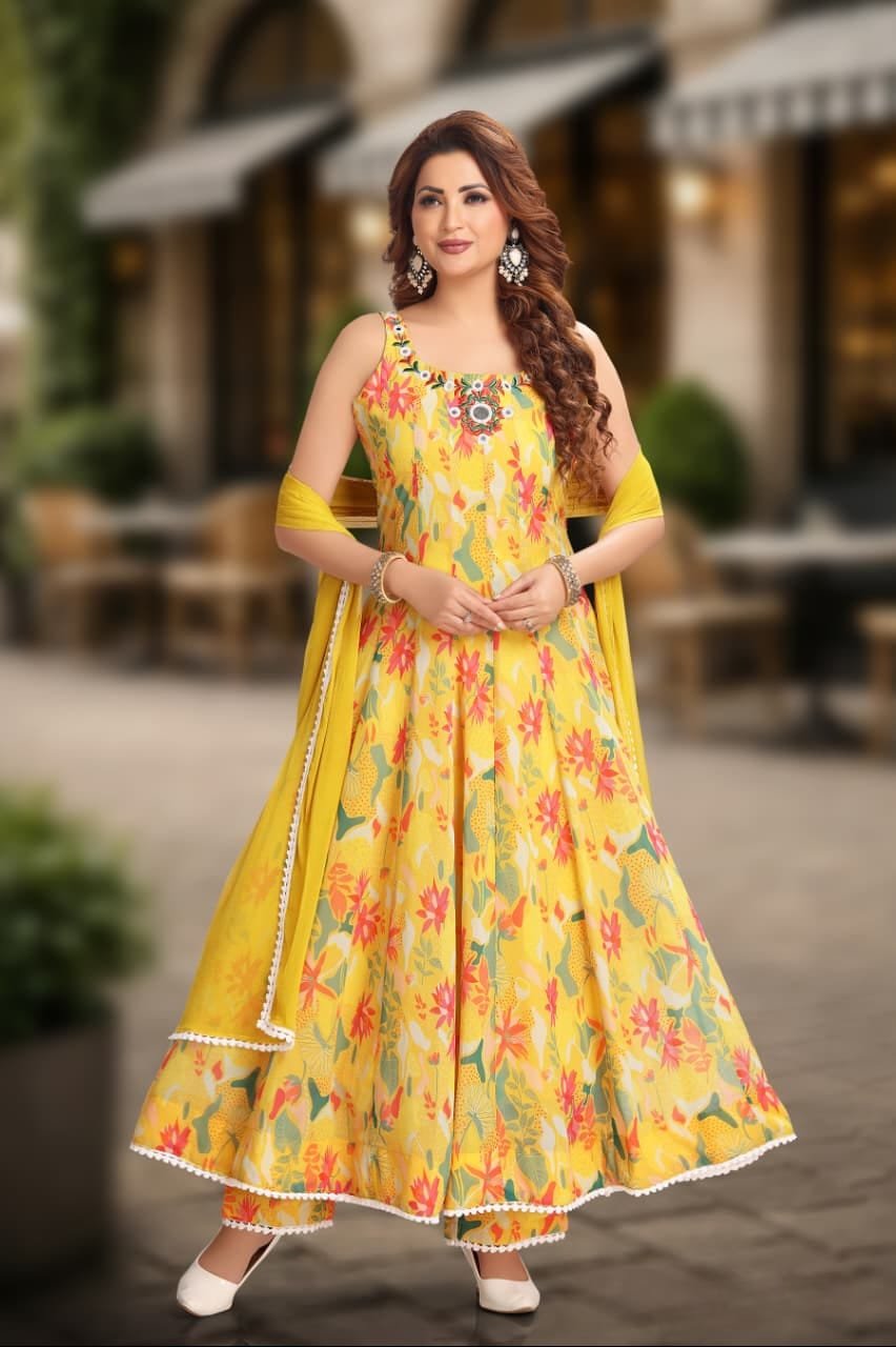 Beautiful Yellow Anarkali With Mirror Yoke