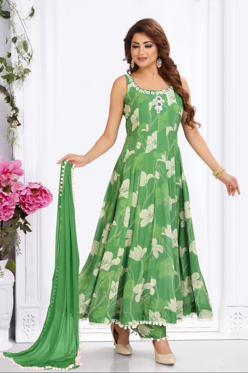 Beautiful Green Anarkali With Mirror Yoke