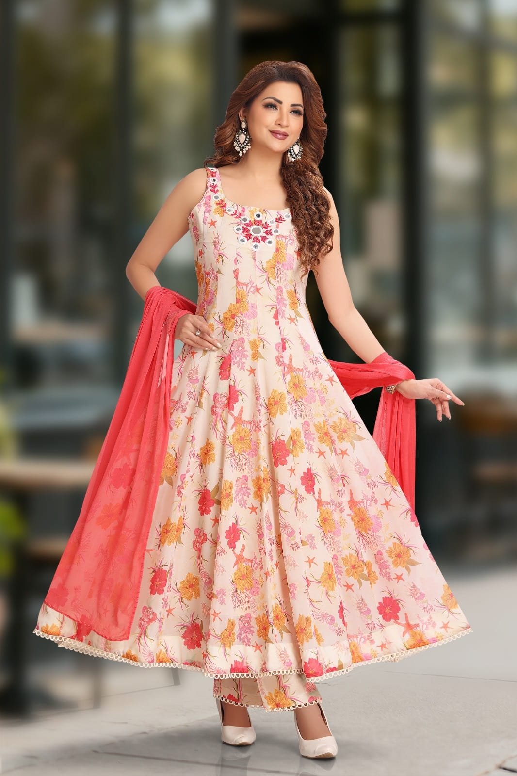 Beautiful Cream Anarkali With Mirror Yoke
